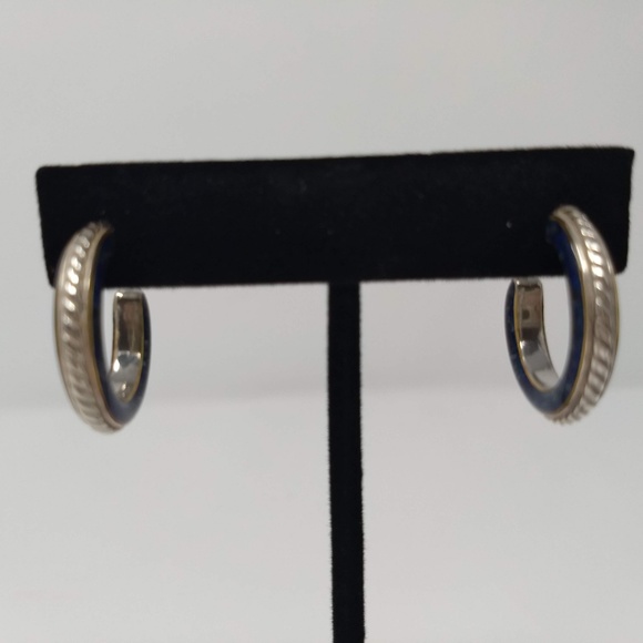 STERLING SILVER/LAPIS INLAY POST HOOP EARRINGS - Picture 4 of 8